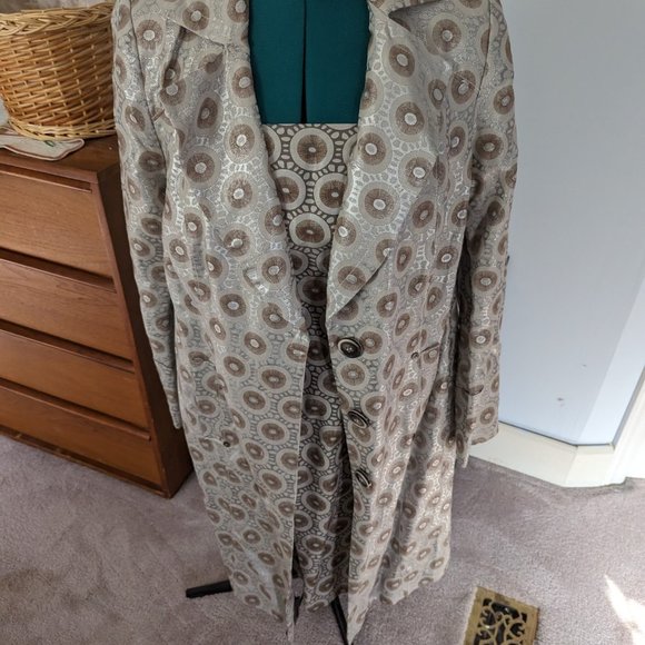 Isabel Toledo Cocktail Dress Cocktail Sheath Dress Sz 16 Linen blend Tan Circles - Picture 1 of 6